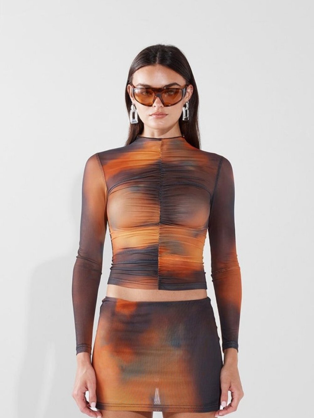 BY DYLN Gem Top + Maddox Maxi Skirt Set Sunset Ombre Mesh M
